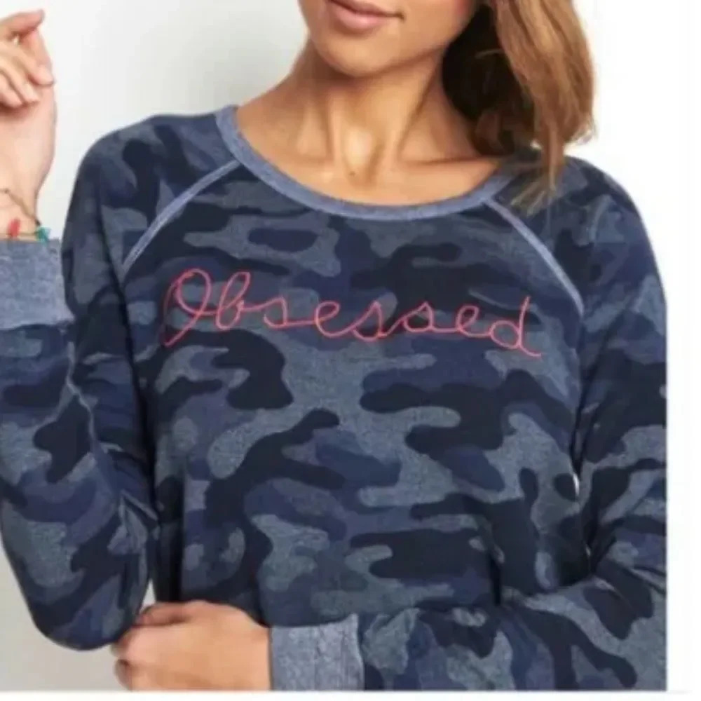 Sundry Obsessed Pullover Crewneck Sweatshirt Blue Camo Embroidered Sweater Top